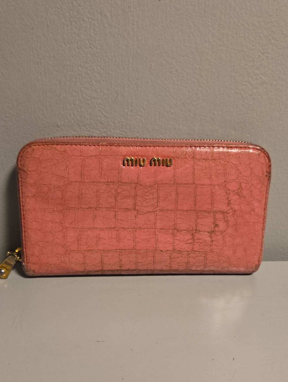 Miu Miu Coral Pink Croc-Embossed Zip-Around Wallet with Gold Hardware